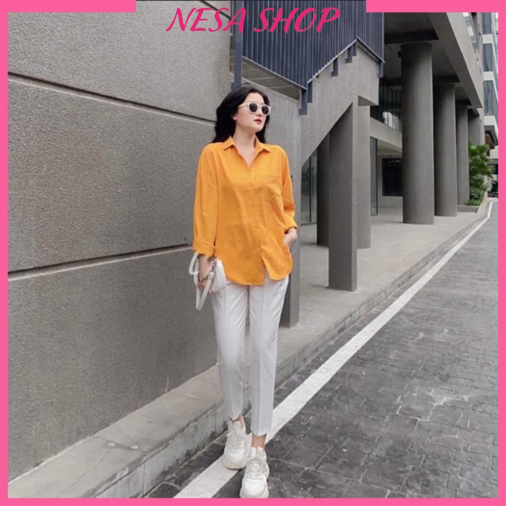 Áo sơ mi nữ form rộng dáng dài chất liệu Đũi mềm nhẹ thoáng mát, áo sơ mi bigsize từ 40kg đến 95kg NeSa Shop