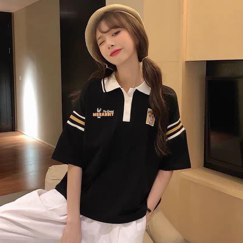 Áo Polo Nữ Rabbit Phối Màu Cộc Tay Cổ Bẻ Dáng Rộng