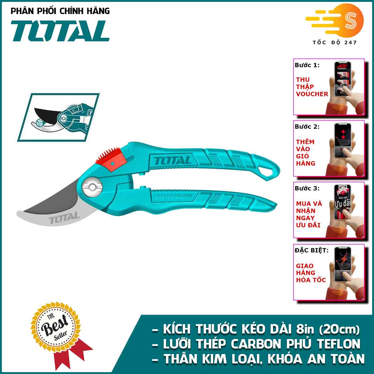 Kéo cắt tỉa cây kiểng, cành cây chuyên dụng làm vườn 8in TOTAL THT0201 - Dài 20cm, Cắt tỉa cây cảnh, Lưỡi thép carbon, tay cầm pp nhám - Tốc độ 247