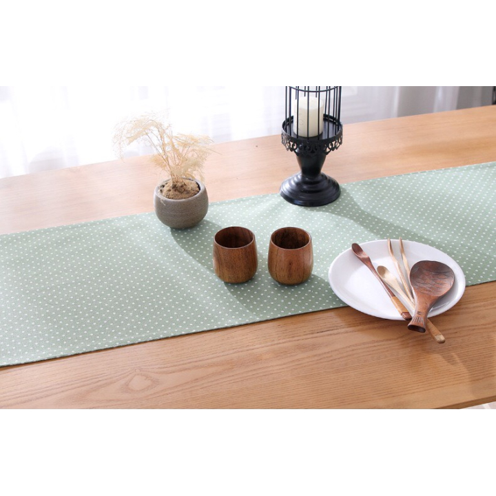 Khăn trải bàn table runner vải bố - Chấm bi xanh lá mạ - mẫu C04