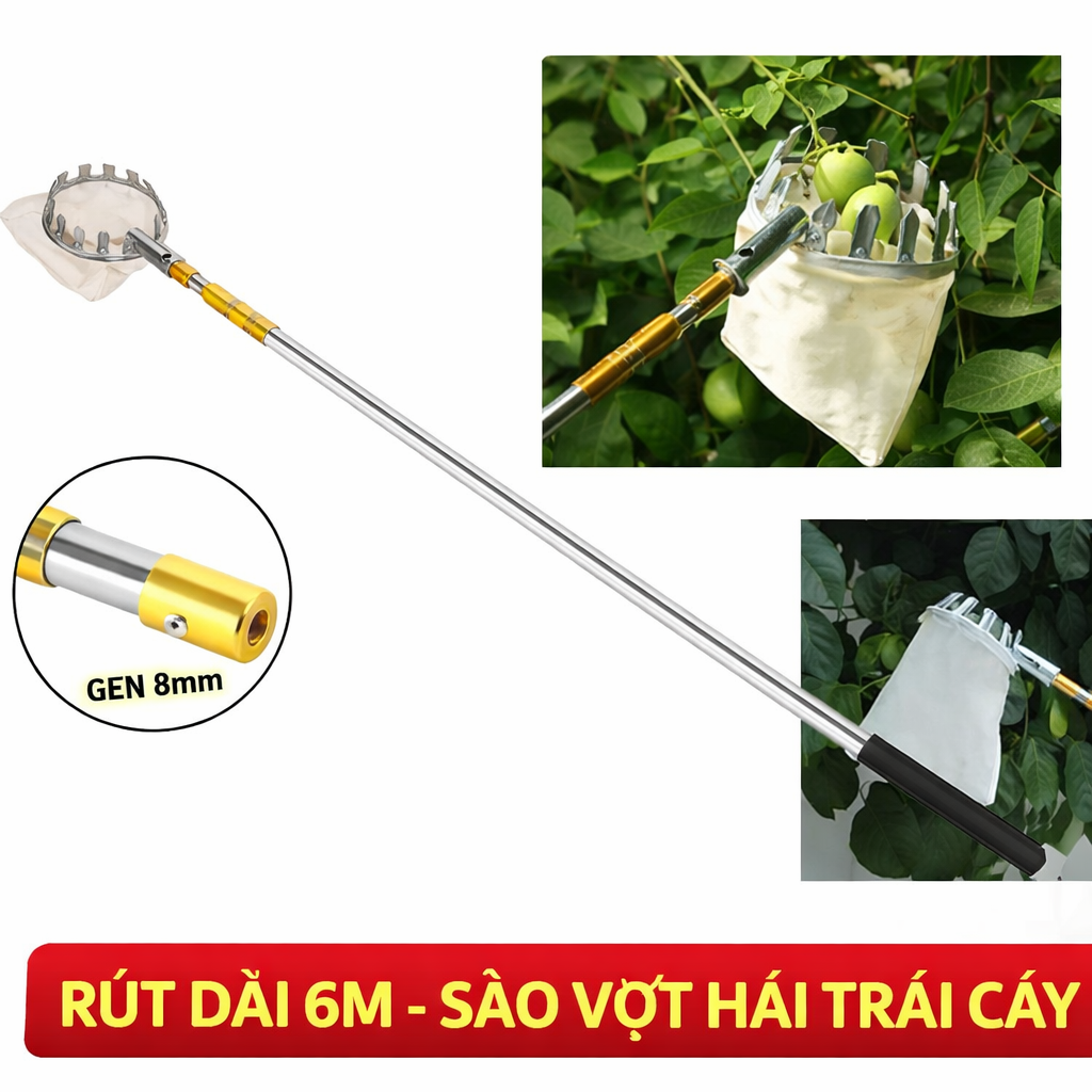 Sào Hái Trái Cây Đa Năng Inox Rút Dài 6M – Bộ Dụng Cụ Hái Quả Trên Cao Kèm 4 Phụ Kiện