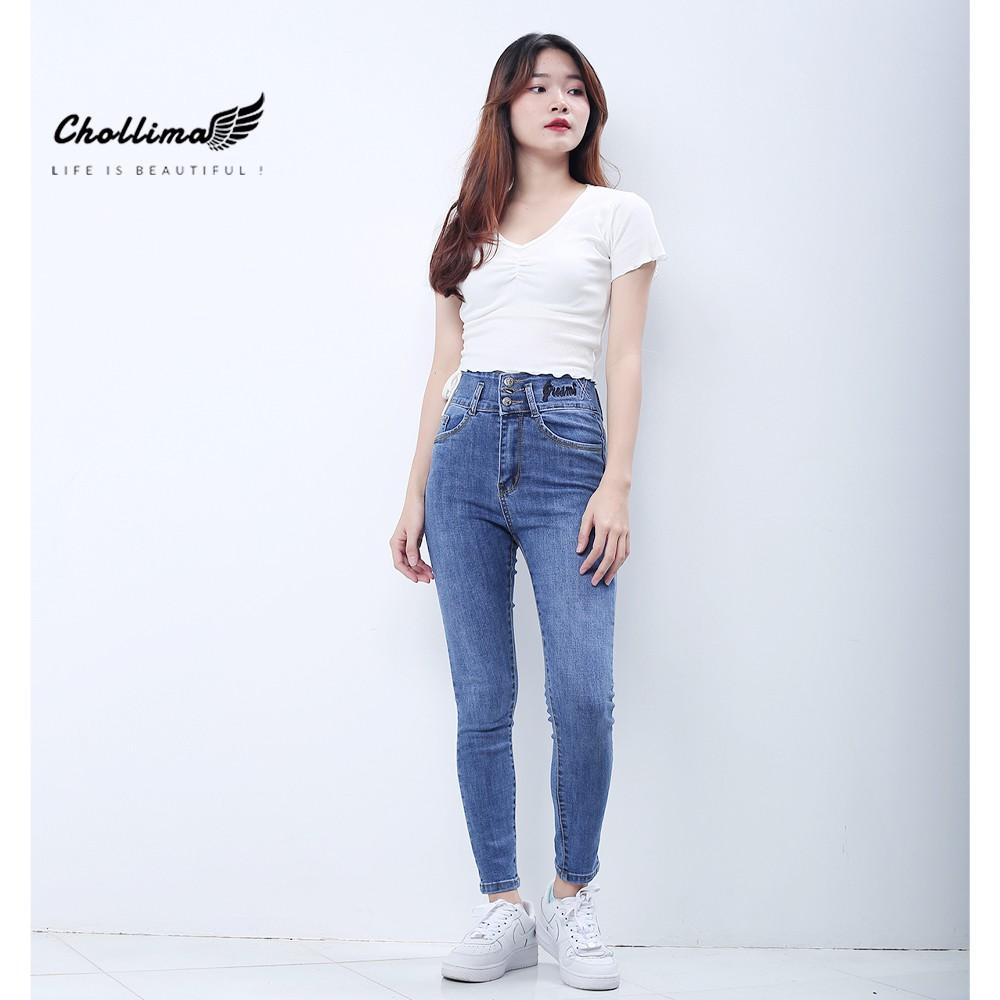 Quần jeans nữ co giãn Chollima cạp siêu cao thêu chữ JEAN X màu xanh nhạt QD035