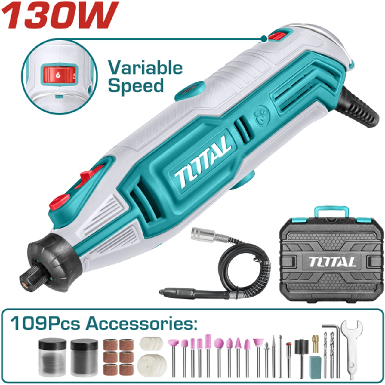 Máy mài khuôn mini 3.2mm 130W kèm 109 phụ kiện TOTAL TG513326 - mài góc, cạnh nhỏ, vị trí hẹp