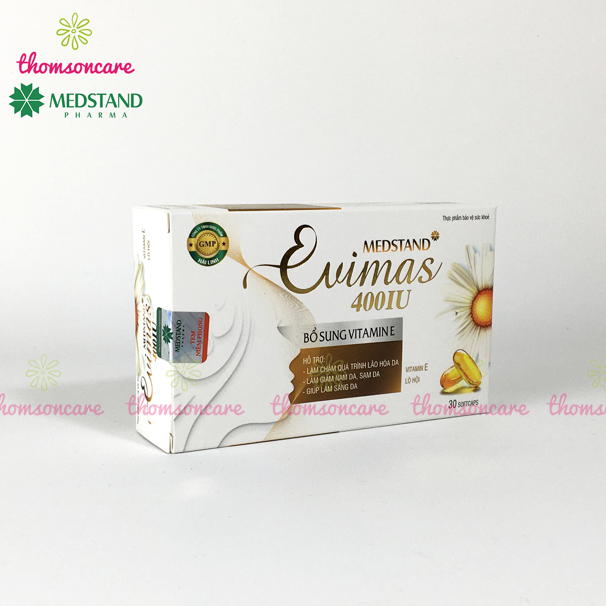 Medstand Evimas 400IU - Viên uống bổ sung vitaminE, kết hợp với tinh dầu hoa anh thảo - Đẹp da, ngăn ngừa lão hóa