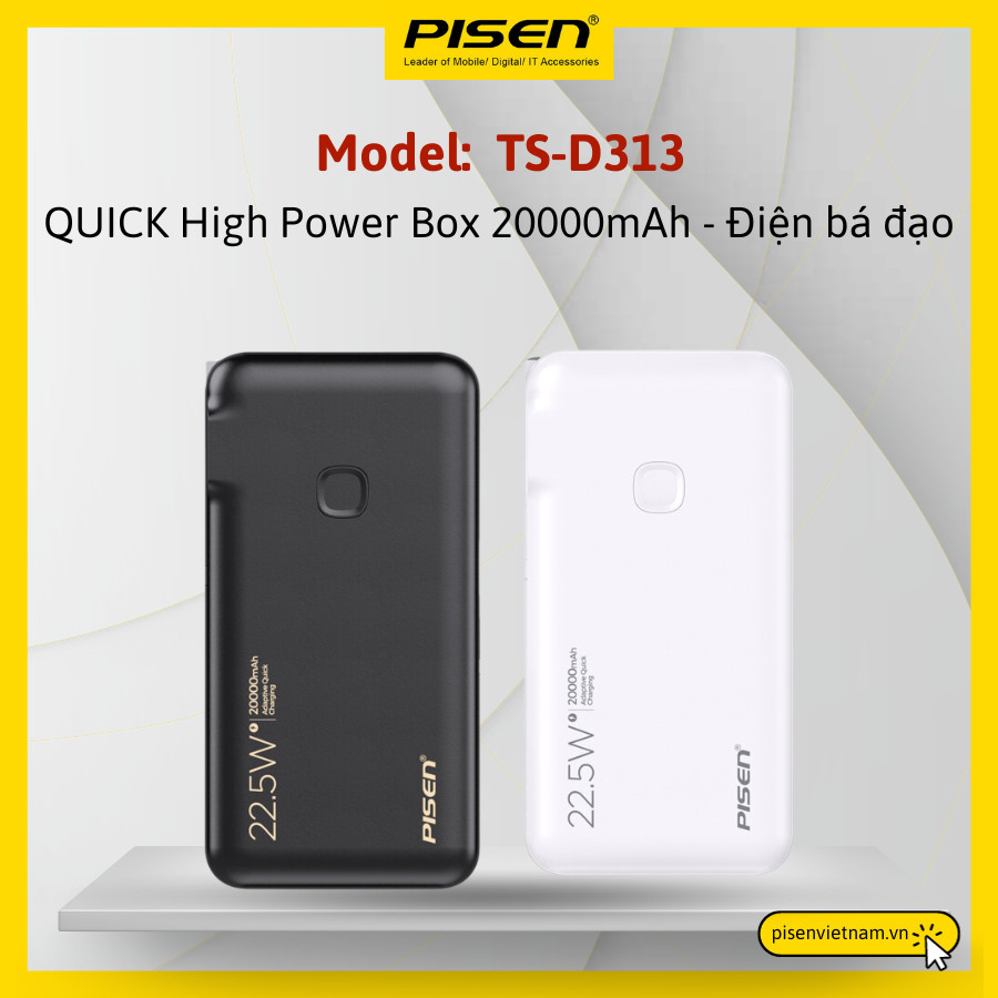 Pin sạc dự phòng PISEN kèm chân cắm, kèm cáp sạc C/L, sạc nhanh 22.5w, 20000mAh, TS-D313 - Hàng chính hãng