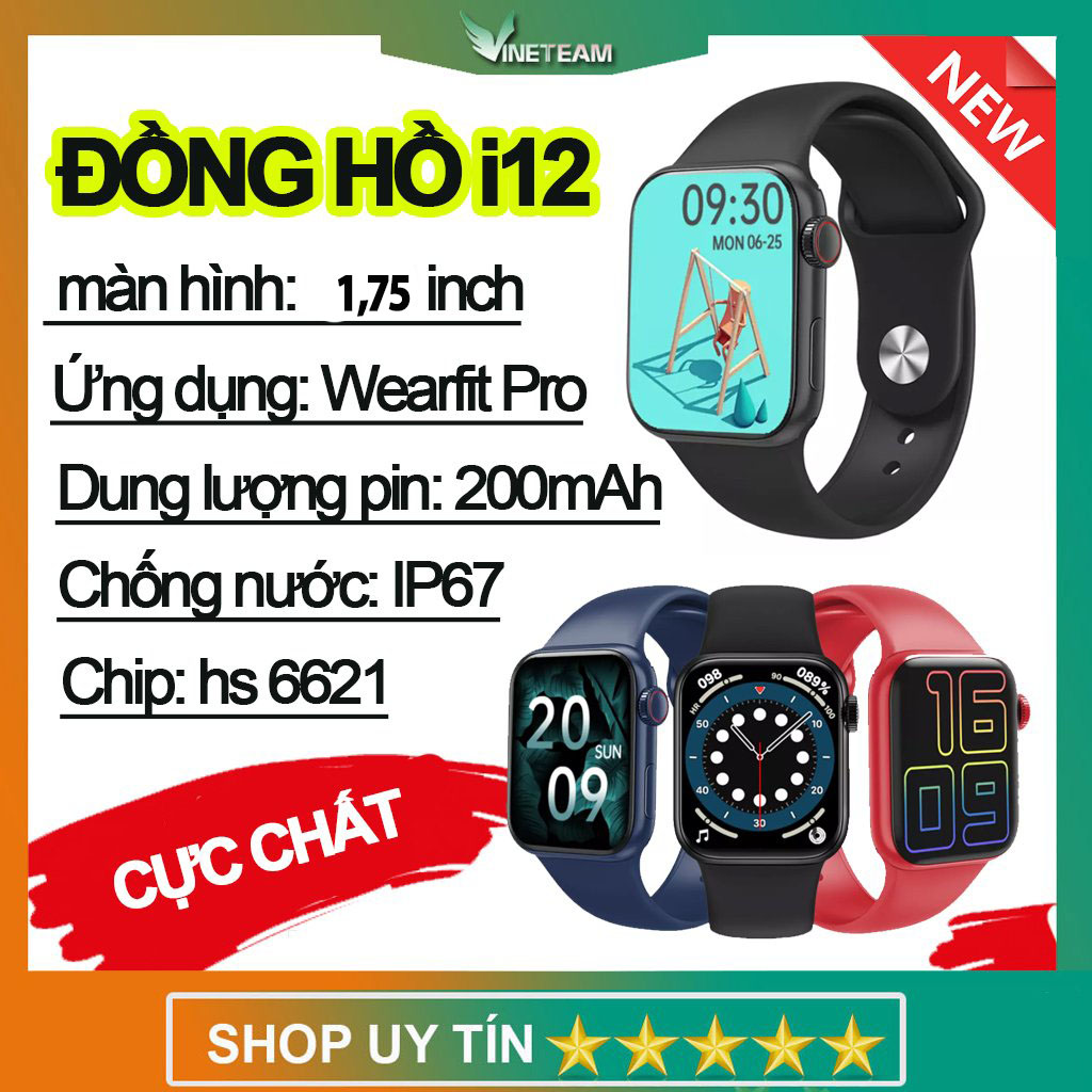 VINETTEAM Đồng hồ thông minh chống nước SMART WATCH I12 Series 6 Kết nối bluetooth Chống Nước IP67 Nghe Gọi Za.lo Theo Dõi Sức Khỏe  có tiếng việt - Hàng chính hãng