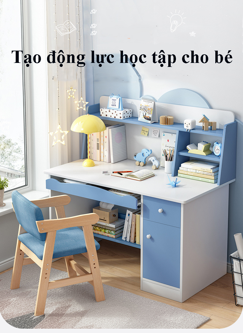 Bàn học cho bé màu sắc tươi sinh động hồng, xanh gỗ công nghiệp cao cấp, bàn học tập làm việc kèm kệ để sách vở, hộc tủ mẫu mới nhất