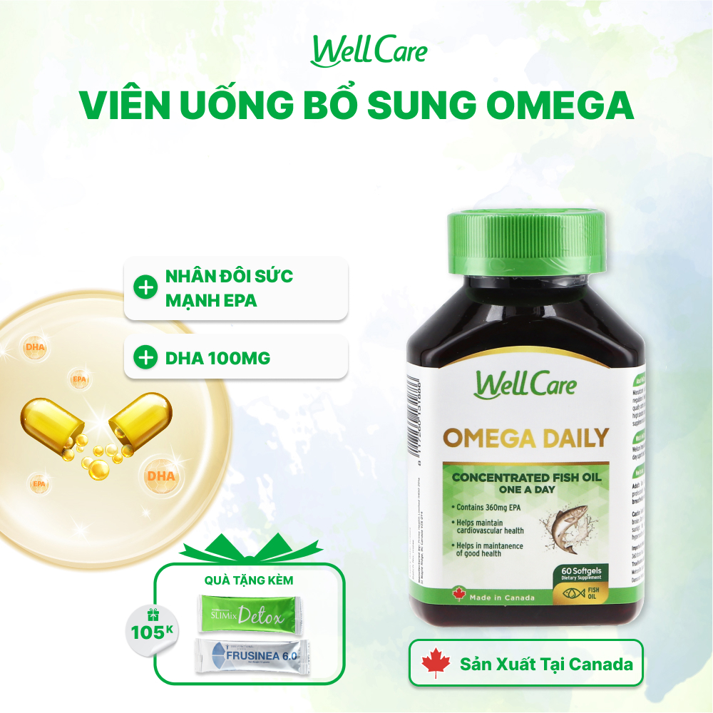 Viên nang mềm OMEGA Daily Wellcare chứa dầu cá với hàm lượng DHA/ EPA cao hỗ trợ cho sự phát triền trí não, hệ thống tim mạch khỏe mạnh
