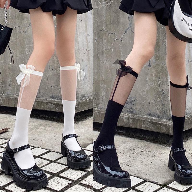 Tất vớ cao đến bắp chân Viền Trong Suốt Đính Nơ phong cách thời trang Lolita Nhật Bản, cá tính cho nữ - khositatvo Voan Màu Đen