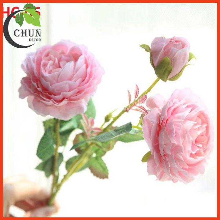 Hoa giả - Cành hoa hồng quý tộc 2 bông 1 nụ trang trí nhà cửa, văn phòng, góc học tập, làm đạo cụ chụp ảnh