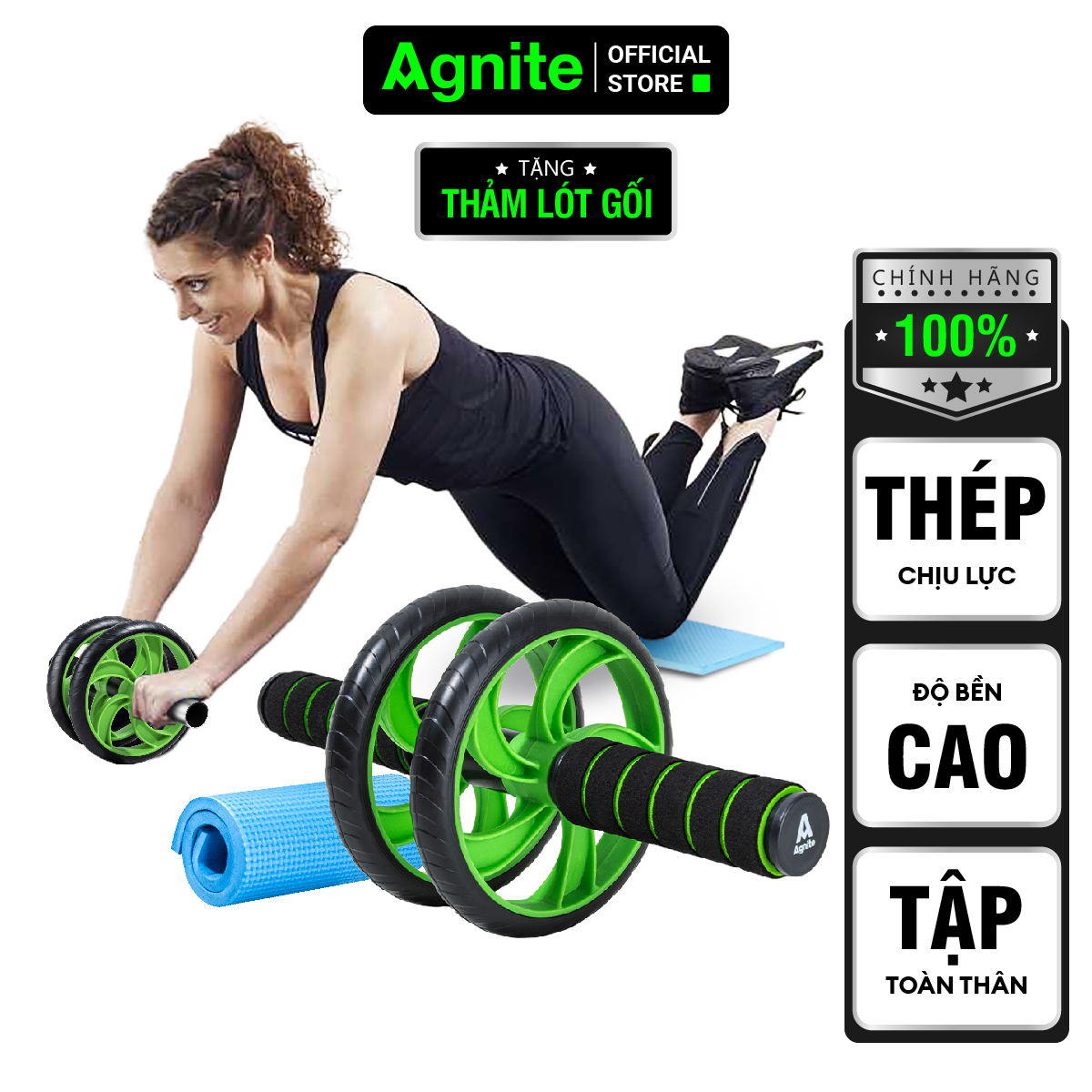 Hình ảnh Con lăn tập bụng Agnite chính hãng, dụng cụ hỗ trợ gym tại nhà tiện lợi nhỏ gọn TẶNG kèm thảm lót gối - ER010