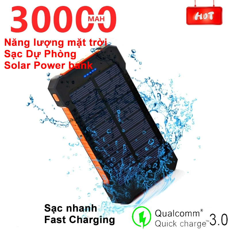 Pin Sạc Dự Phòng Năng Lượng Mặt Trời 30000mAh không thấm nước , Bộ Pin Dự Phòng Du Lịch Dài Ngày ,Cắm Trại