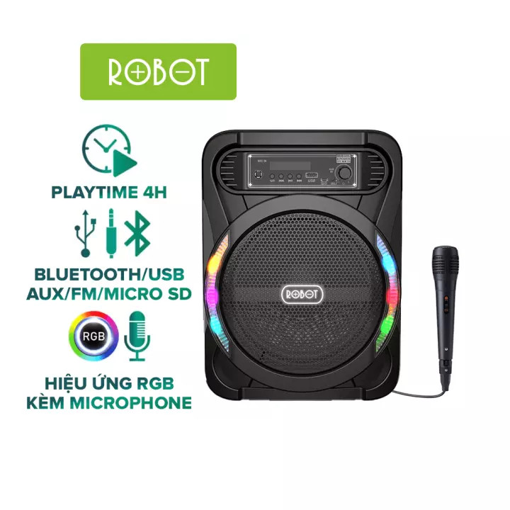 Loa Bluetooth Ngoài Trời ROBOT RB450 - Hiệu Ứng Đèn LED RGB Tặng Kèm Micro Karaoke &amp; Điều Khiển Hồng Ngoại - Công suất Lớn 20W Pin 1500mAh - Hàng Chính Hãng