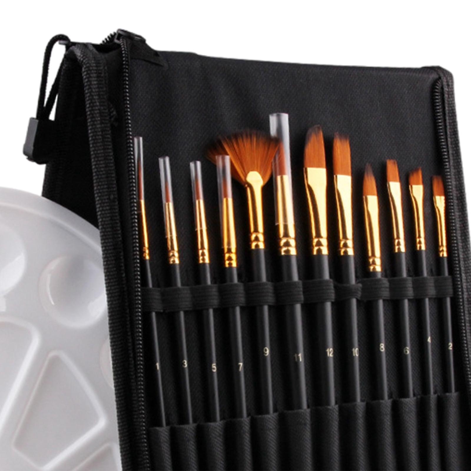 14 Pack Paint Brush Set with 12 Brushes, 1 Palette and 1 Carrying Case for Watercolor, Oil, Acrylic Painting