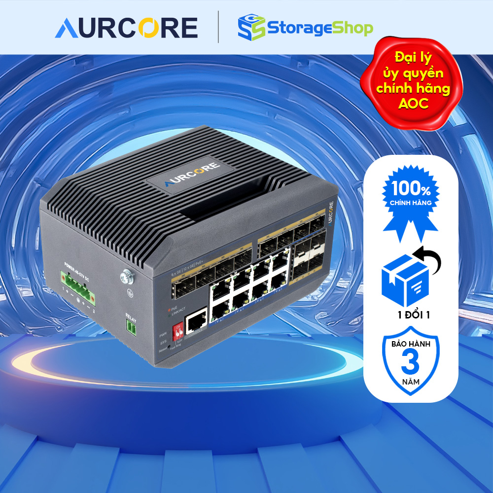 Thiết bị mạng - Bộ chuyển mạch (cầu nối) hiệu Aurcore, PoE/PoE+, 8 cổng GE, 12 cổng Gigabit SFP HÀNG CHÍNH HÃNG