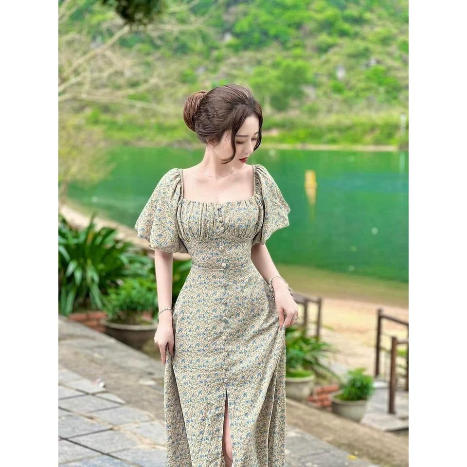 Đầm maxi hoa cổ vuông nhún ngực đính nút siêu xinh