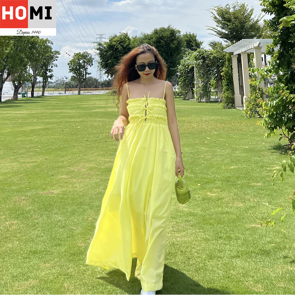 Đầm hai dây Maxi dáng dài nhún chun ngực DOLLY Dress hot trend Homi Fashion 3 màu: Vàng,Xánh,Hồng