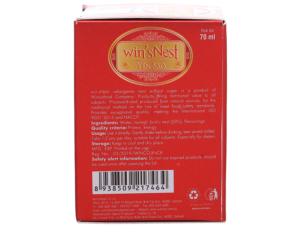 Combo 12 lọ Yến Sào cao cấp win'snest Tổ Yến Chưng Sẵn Không Đường 20% (70 ml/ lọ)