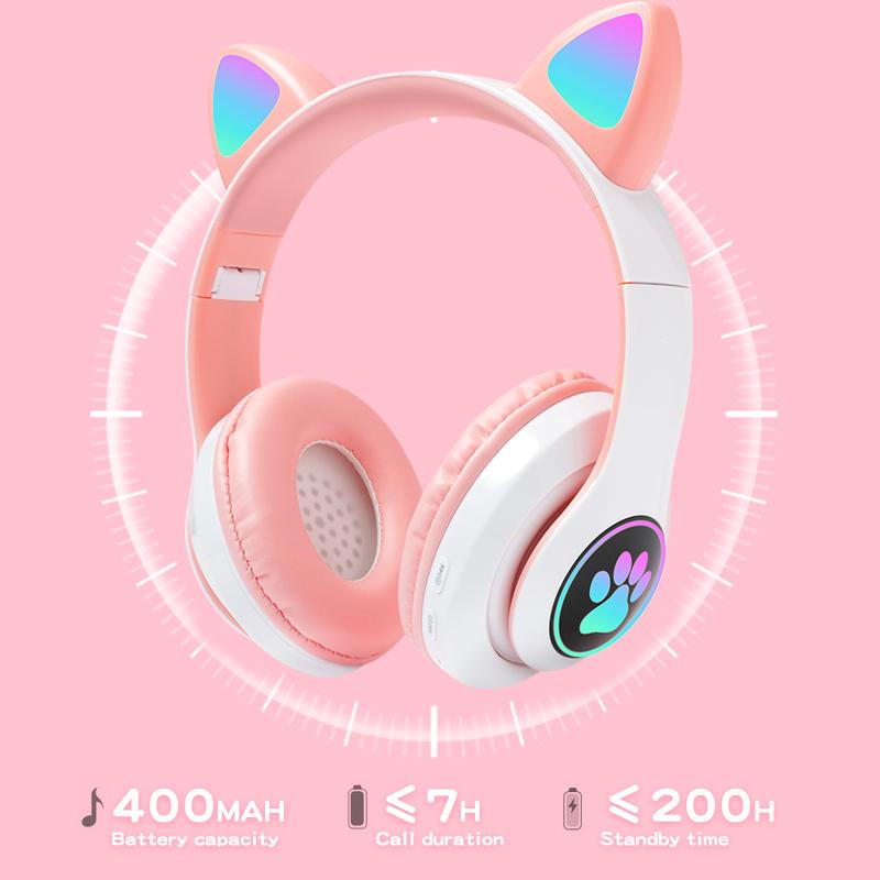 Đèn Flash LED Mèo Tai Tai Nghe Bluetooth Bé Gái Âm Nhạc Không Dây Bảo Hiểm Thẻ TF Tai Nghe Gaming Chụp Tai Kèm Mic Tai Nghe Điện Thoại quà Tặng