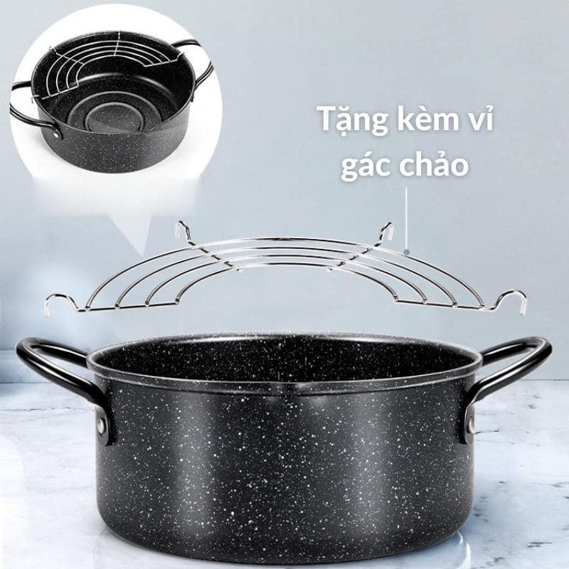 NỒI CHIÊN NGẬP DẦU VÂN ĐÁ CHỐNG DÍNH CAO CẤP TẶNG KÈM VỈ GÁC RÁO DẦU TIỆN LỢI SIZE 20CM