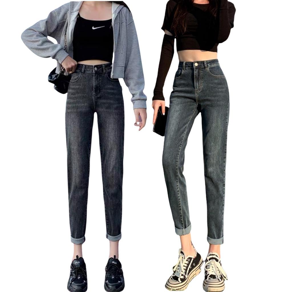 Quần jean dài phom Baggy / boyfriend co dãn mạnh, lưng cao, màu xám tây siêu hot hit 4084