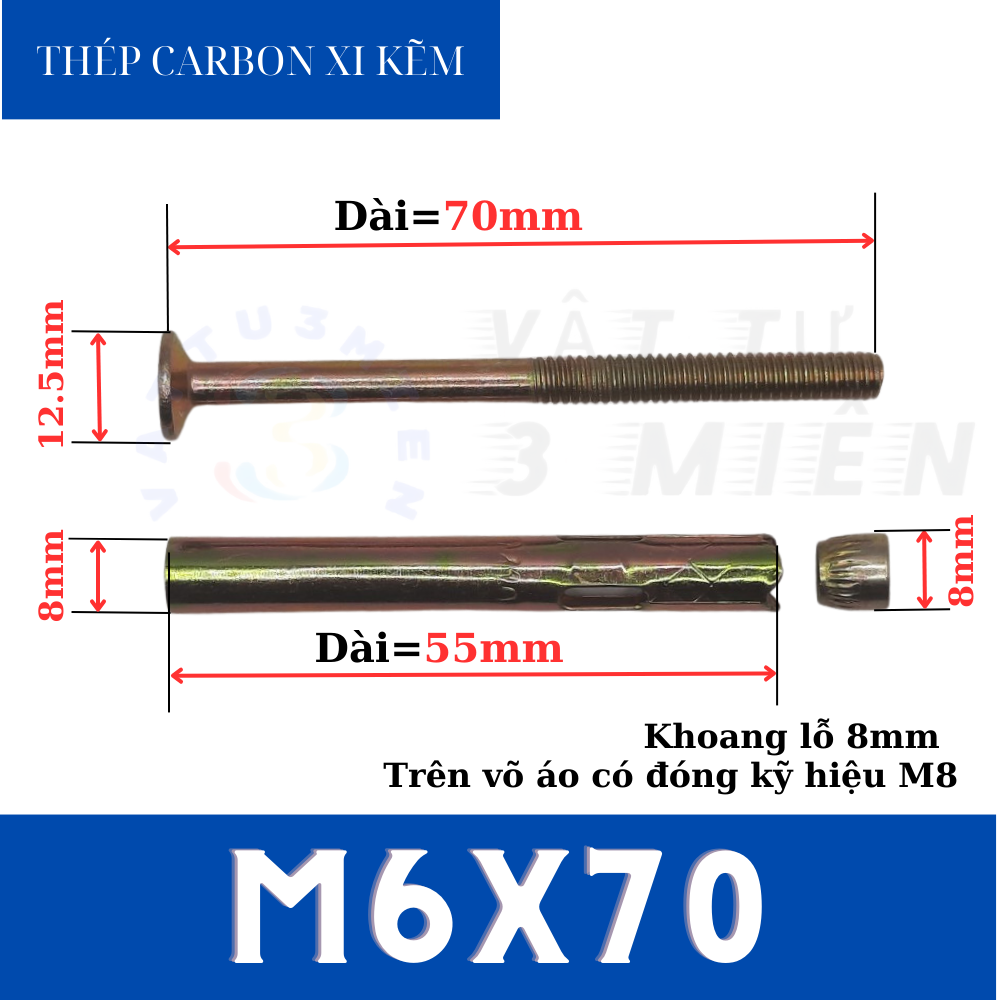 Tắc kê nở M6x70 đầu vít ba ke sắt xi kẽm