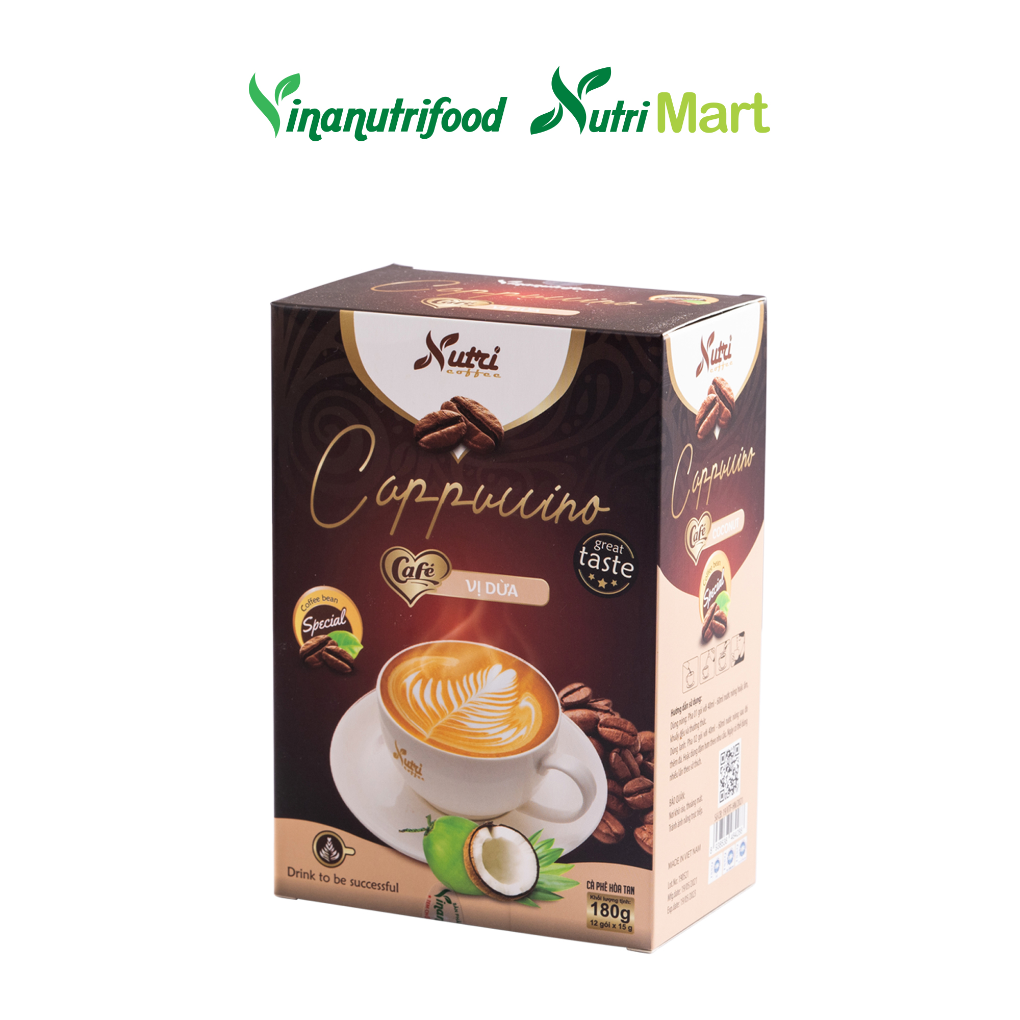 Cà phê capuchino dừa Vinanutrifood C03, cafe có hương vị dừa hảo hạng, tạo nên sự mới mẻ mang đến cảm giác thoải mái, thư thái khi thưởng thức, đảm bảo an toàn thực phẩm đáp ứng đầy đủ tiêu chuẩn GMP - WHO (15g x 12 gói)