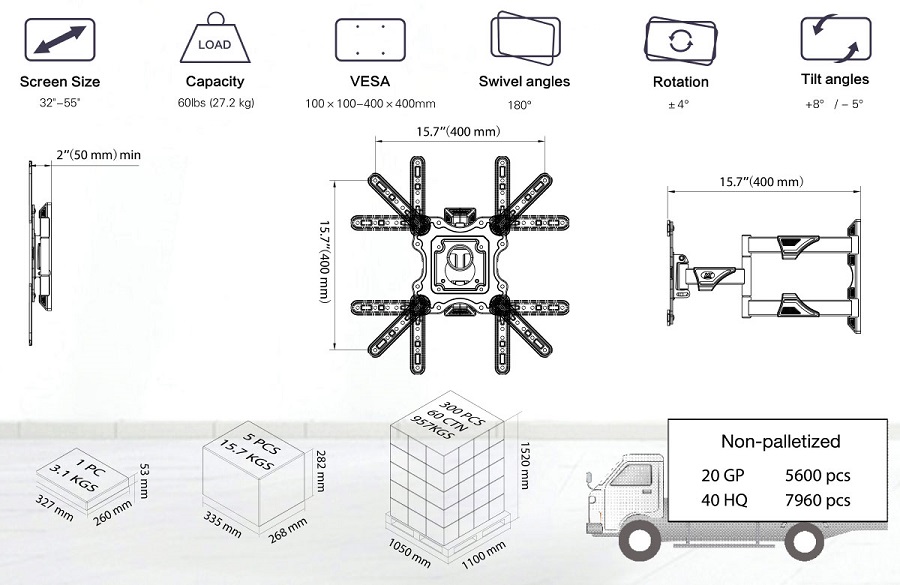 Giá Khung treo tivi North Bayou NB-P4 Xoay đa năng từ 32 đến 55 inch , Tải trọng tối đa 27Kg - Hàng chính hãng