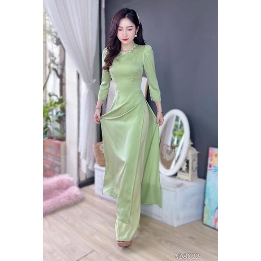 Áo dài trơn cổ mix ngọc kèm quần