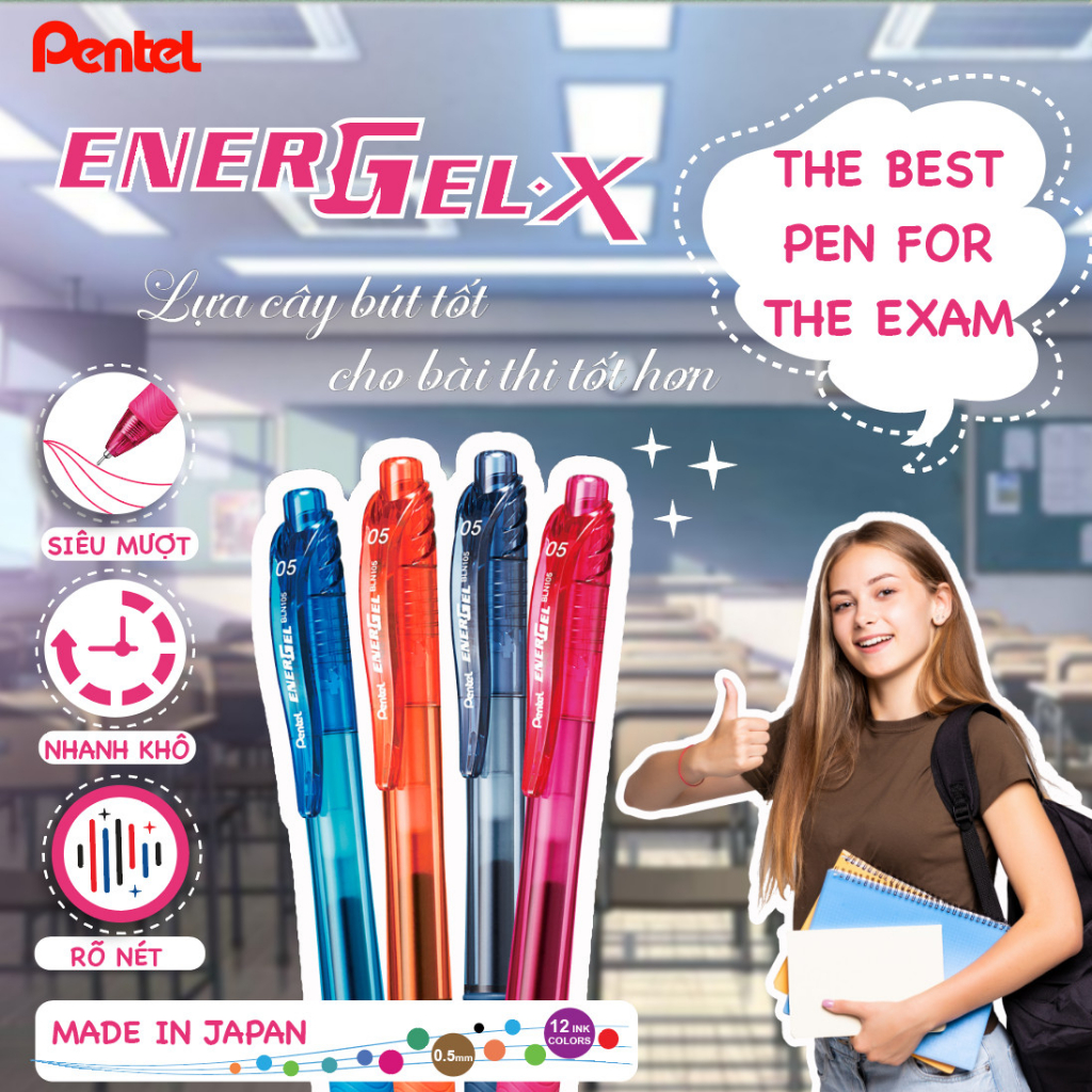 Bút gel Pentel Energel BLN105 ngòi 0.5mm - Mực siêu nhanh khô, đều mực, viết trơn (Cty Golden pen nhập khẩu)