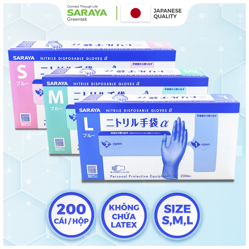 Găng tay cao su Saraya Nitrile Alpha, Không Bột, Màu Xanh Tím, dùng trong thực phẩm, vệ sinh y tế - 200 Chiếc/Hộp