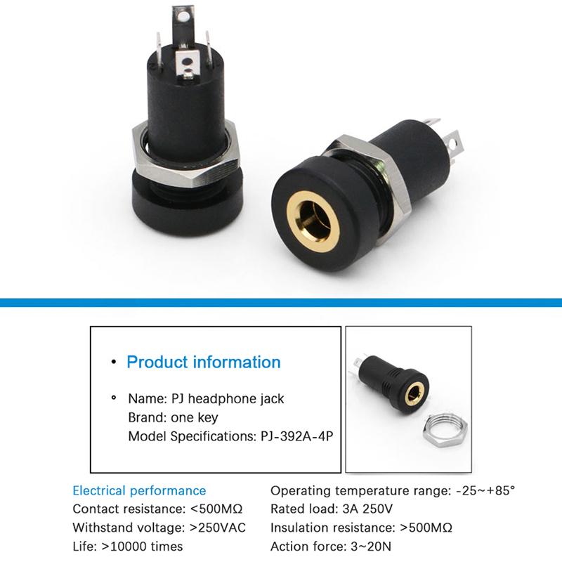 PJ392A Ổ cắm giắc cắm âm thanh 3.5MM Bảng điều khiển hàn âm thanh nổi 3 cực Gắn vàng có đai ốc PJ-392A Tai nghe 3/4 chân Đầu nối ổ cắm nữ Màu sắc: 4 chân 1 cái