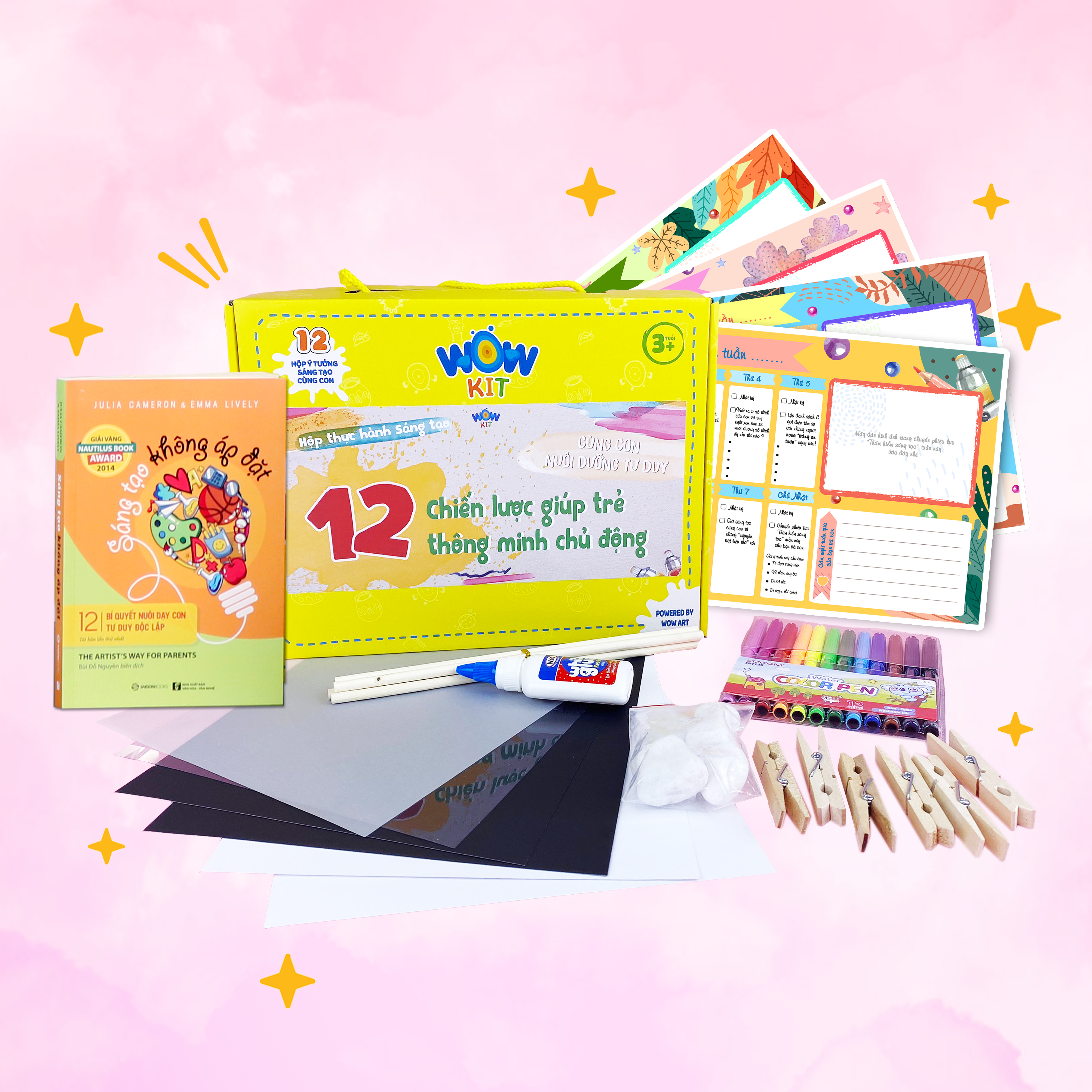 Hộp Wow Kit “THỰC HÀNH SÁNG TẠO - 12 CHIẾN LƯỢC GIÚP TRẺ THÔNG MINH CHỦ ĐỘNG” mang đến cho bố mẹ có con từ 3 tuổi – 15 tuổi ,được tiếp cận phương pháp nuôi dạy con hiện đại và ghi nhớ lâu các kiến thức thông qua các công cụ thực hành