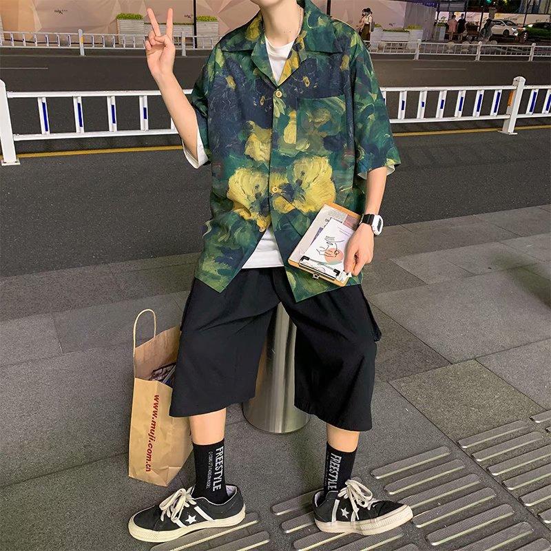 Áo sơ mi nam ngắn tay form rộng in họa tiết thời trang