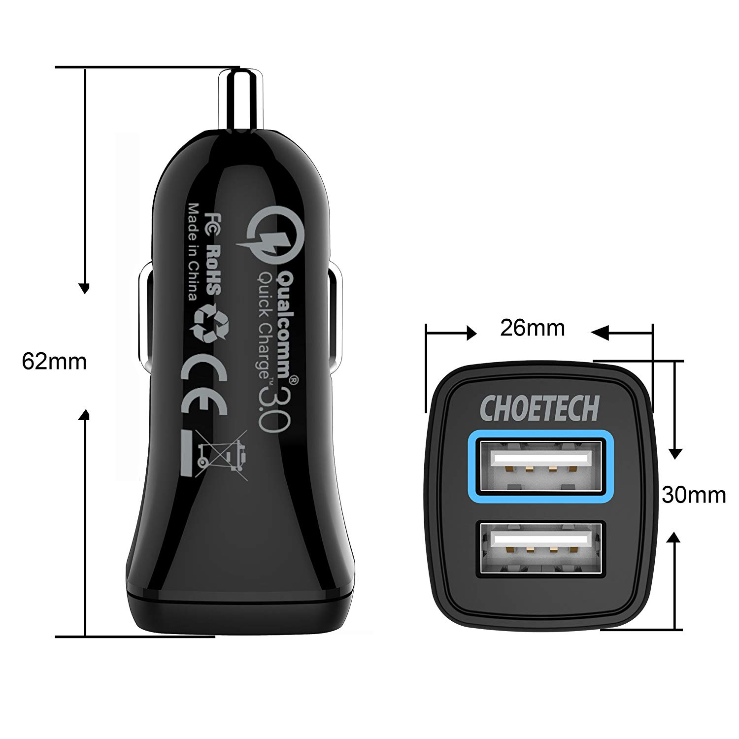 Tẩu củ sạc nhanh 30W QC Qualcomm 3.0 đa năng dành cho xe hơi ô tô 2 cổng USB hiệu CHOETECH HPK-C0051 (30W, Công nghệ sạc nhanh QUALCOMM Quick Charge 3.0, 2 cổng USB Car Charger) - Hàng chính hãng