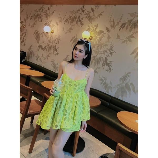 Set áo ren peplum 2 dây quần short xanh
