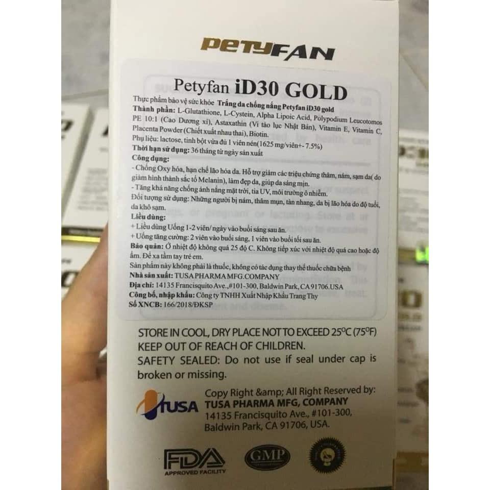 HÀNG NHẬP KHẨU - Viên uống trắng sáng da PETYFAN ID30 Gold White & Suncream chống nắng giảm nám chống lão hóa Hộp 30Viên