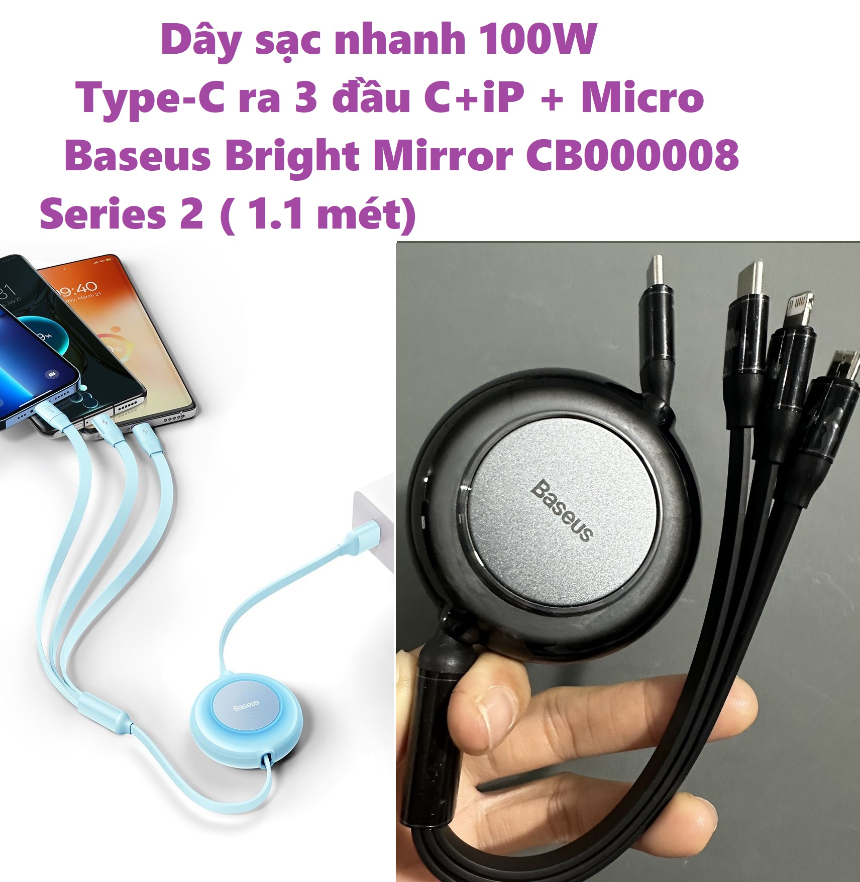 Cáp 3 đầu dây rút 100W Baseus Bright Mirror Series 2 One For Three CB000008 1.1m - Hàng chính hãng