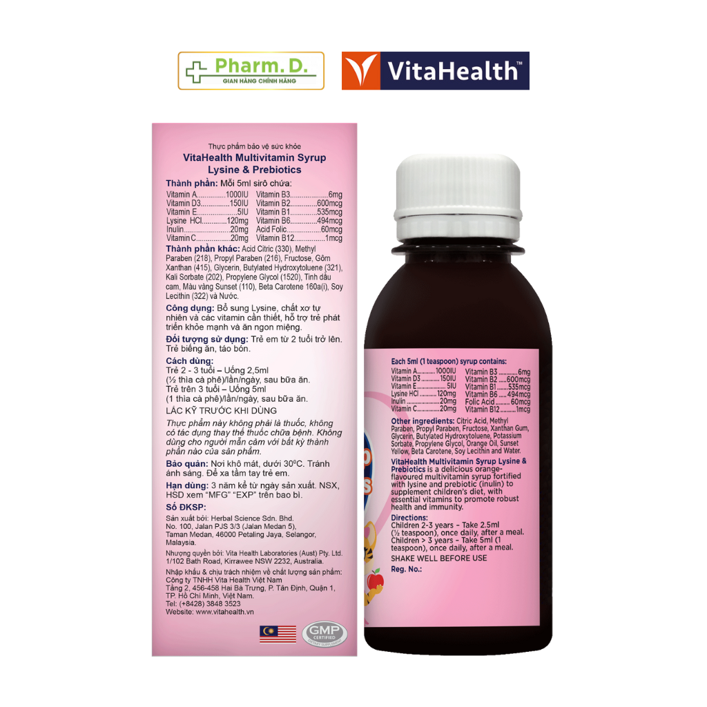 Siro VITAHEALTH Multivitamin Syrup Lysine & Prebiotics Bổ Sung Vitamin Cho Trẻ Em Biếng Ăn, Táo Bón (120ml)