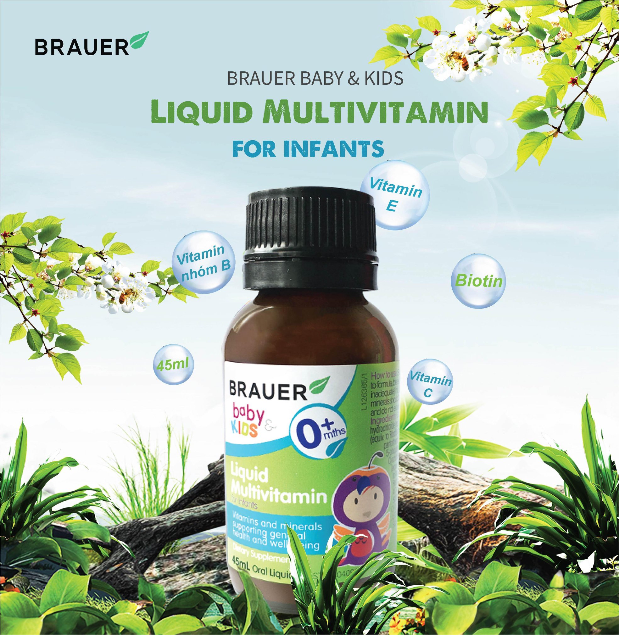 Vitamin tổng hợp Brauer Baby &amp; Kids Liquid Multivitamin For Infant cho trẻ sơ sinh 0-12 tháng tuổi (45ml)