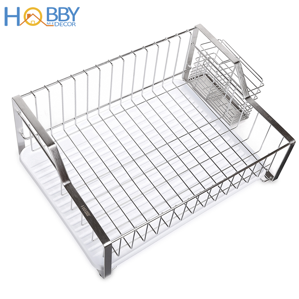 Kệ chén cao cấp Inox 304 HOBBY KC2 kèm ống đũa và khay nhựa hứng nước - 2 size tùy chọn - không rỉ sét