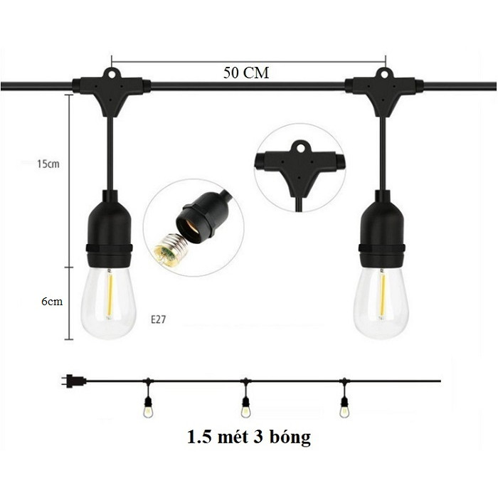 Dây đèn bóng led edison G45 1.5 mét 3 bóng 4w đèn trang trí