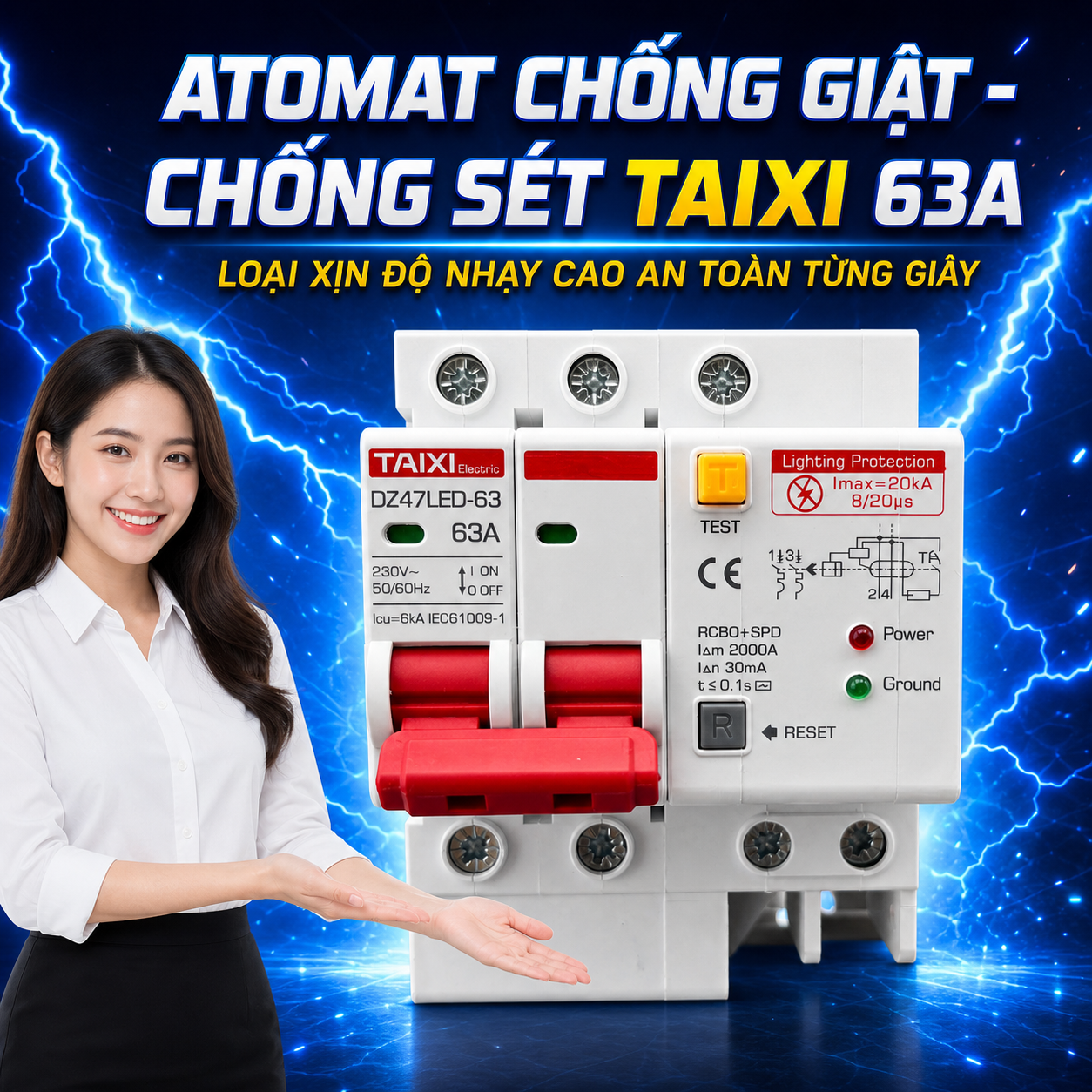 Cầu Dao TAIXI 63A Chống Giật Chống Sét Lan Truyền – Siêu Nhạy, Cực Bền, Đáng Mua
