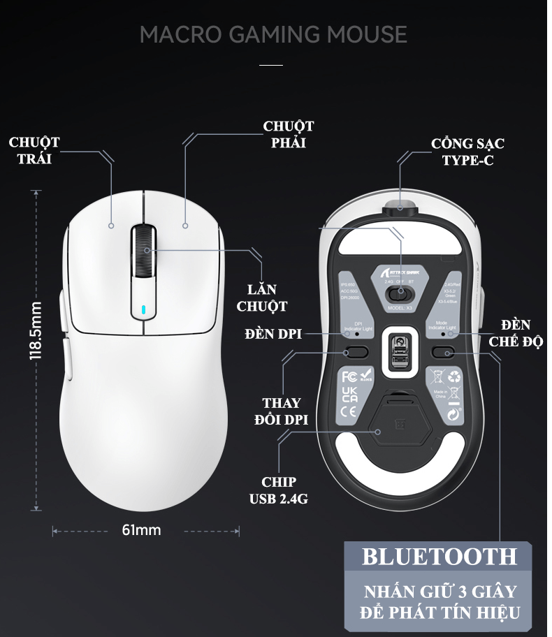 Chuột không dây ATTACK SHARK X3 siêu nhẹ kết nối 3 chế độ Bluetooth - 2.4G - Type-C siêu chất lượng-HT