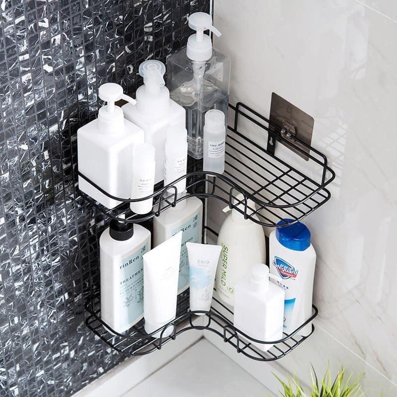 Kệ góc sắt đen treo tường nhà tắm, nhà bếp kèm dán tường chịu lực siêu chắc