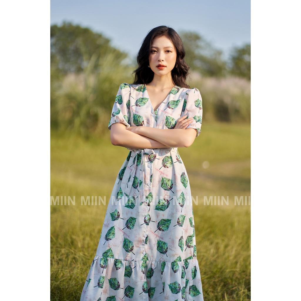 D00579 - Đầm thiết kế cao cấp dáng suông cổ tim hoạ tiết lá Miu Store