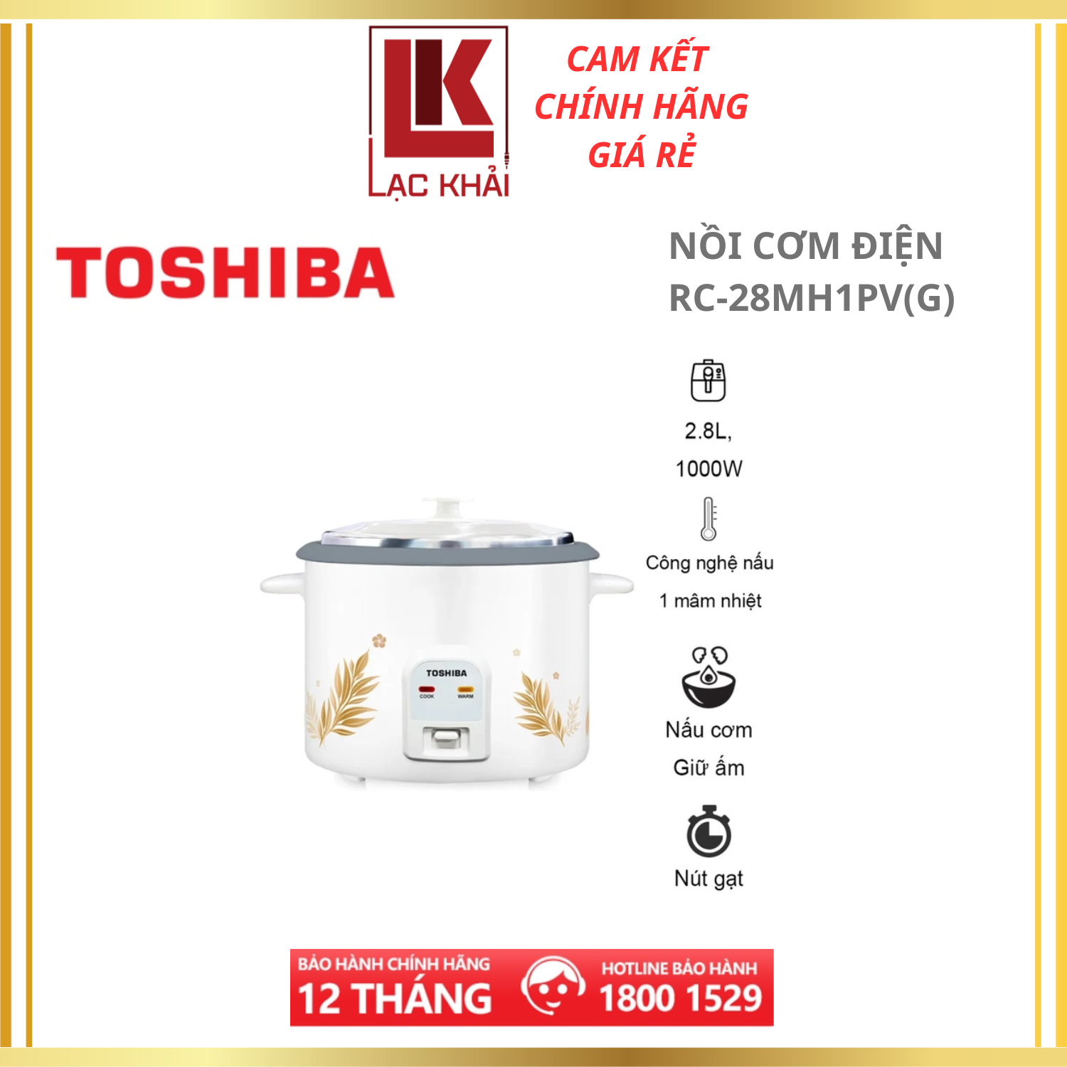 Nồi cơm điện nắp rời Toshiba 2.8 Lít RC-28MH1PV - Chống dính - 1000W - Hàng chính hãng - Bảo hành 12 tháng