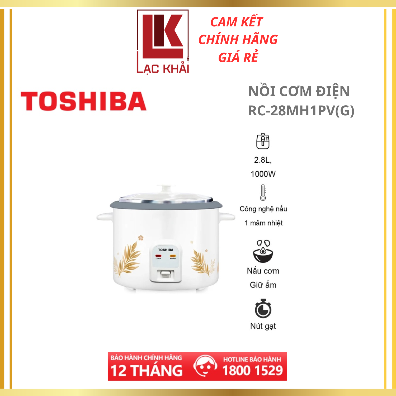 Nồi cơm điện nắp rời Toshiba 2.8 Lít RC-28MH1PV(G) - Chống dính - 1000W - Hàng chính hãng - Bảo hành 12 tháng