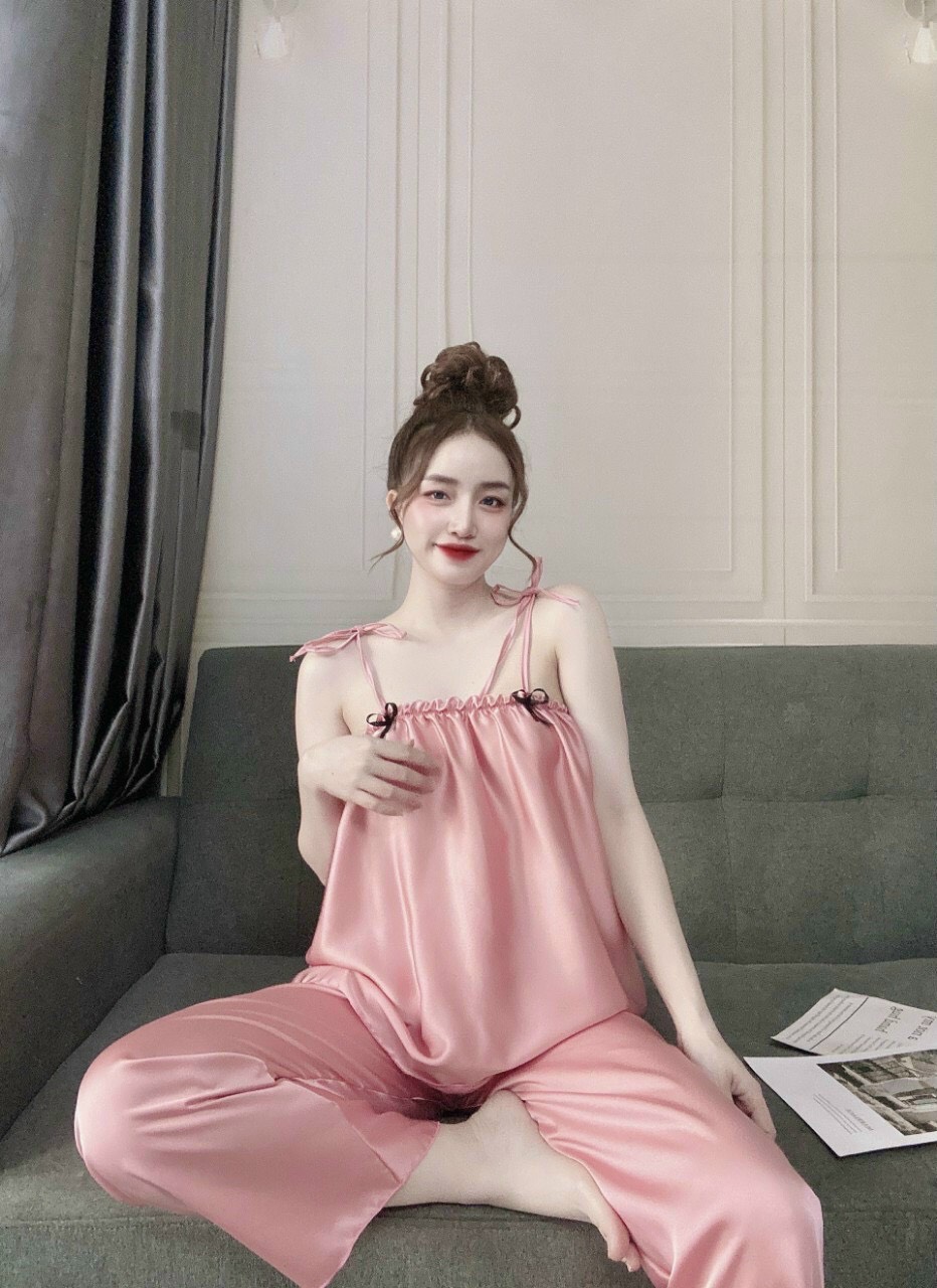 Đồ Bộ Lụa 2 Dây Nữ, Bộ Mặc Nhà 2 Dây Nữ Lụa Satin cột vai, Freesize 40_58kg, tùy chiều cao