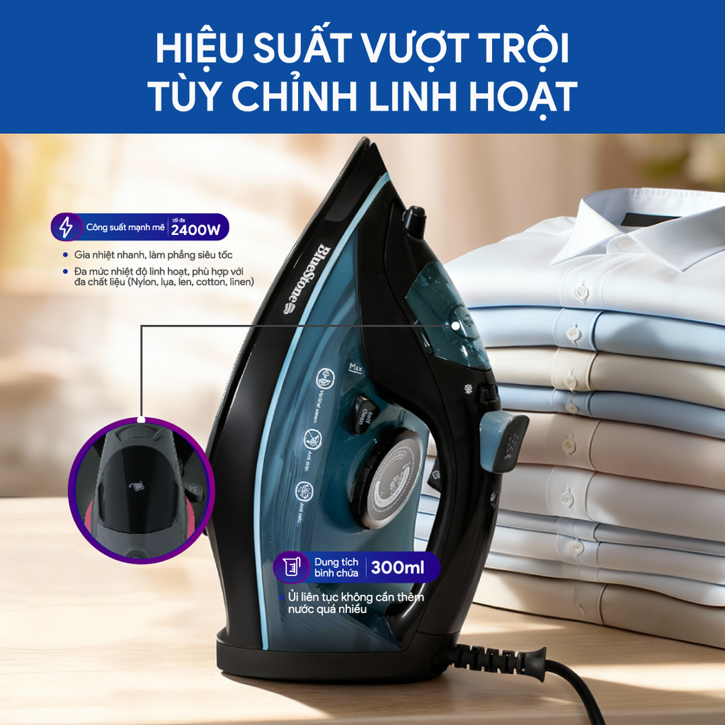 Bàn Ủi Hơi Nước BlueStone SIB-3833 300ml 2400W - Hàng chính hãng - Xanh đen